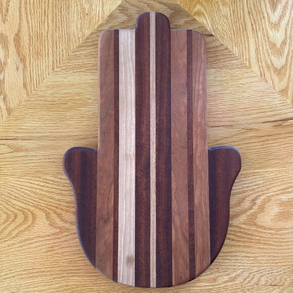 Hamsa Cutting Board Mixed Hardwoods Hand Crafted Reversible Bread Challah Board - Picture 2 of 6